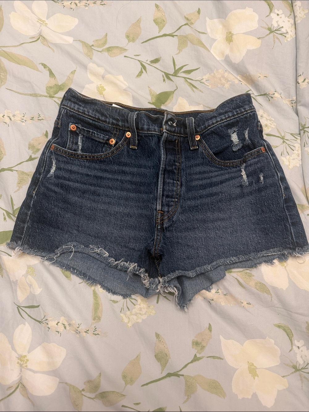 Levi's 501 Dark Blue Distressed Denim Cutoff Shorts